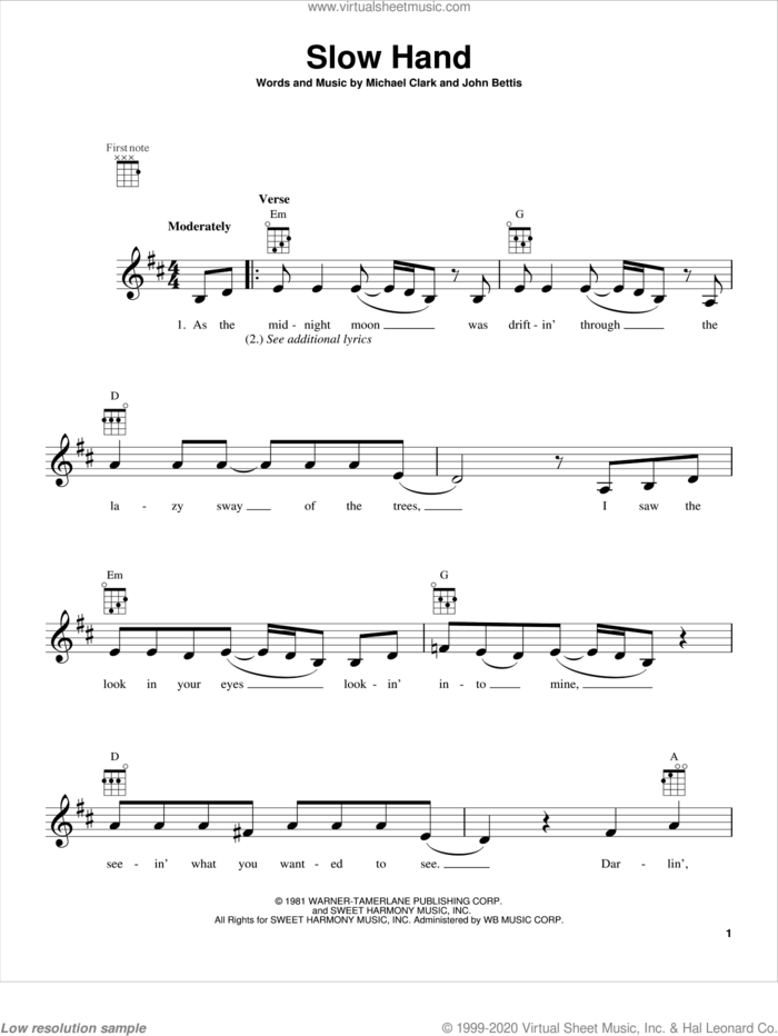 Slow Hand sheet music for ukulele by The Pointer Sisters, intermediate skill level