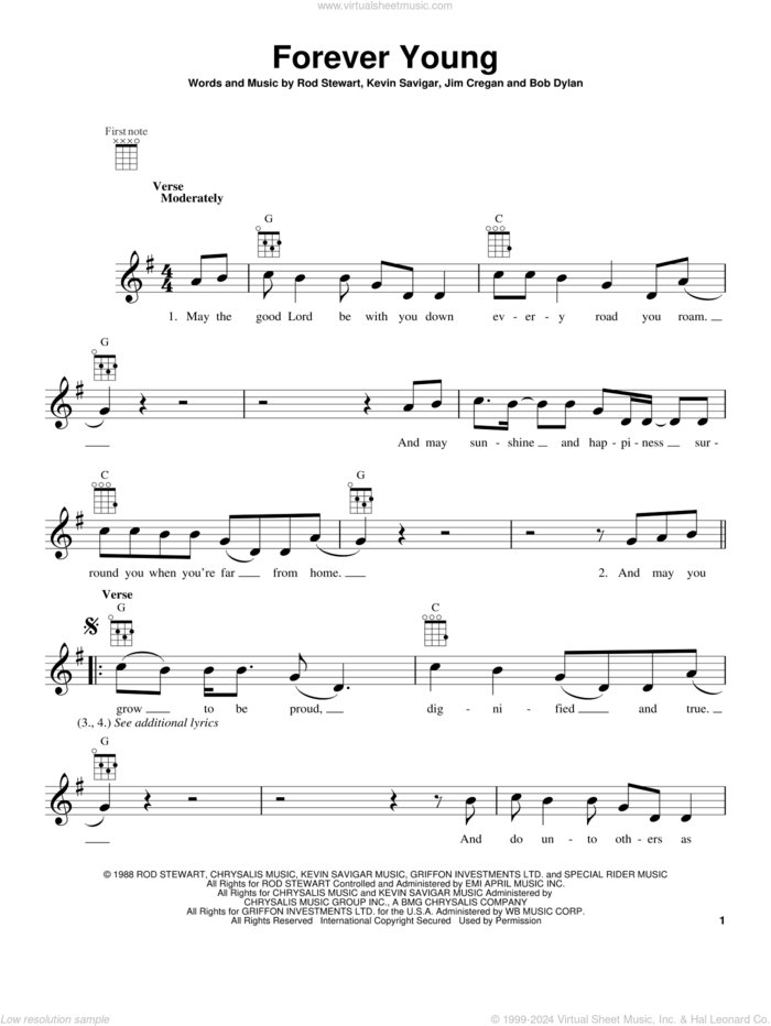 Forever Young sheet music for ukulele by Rod Stewart, intermediate skill level