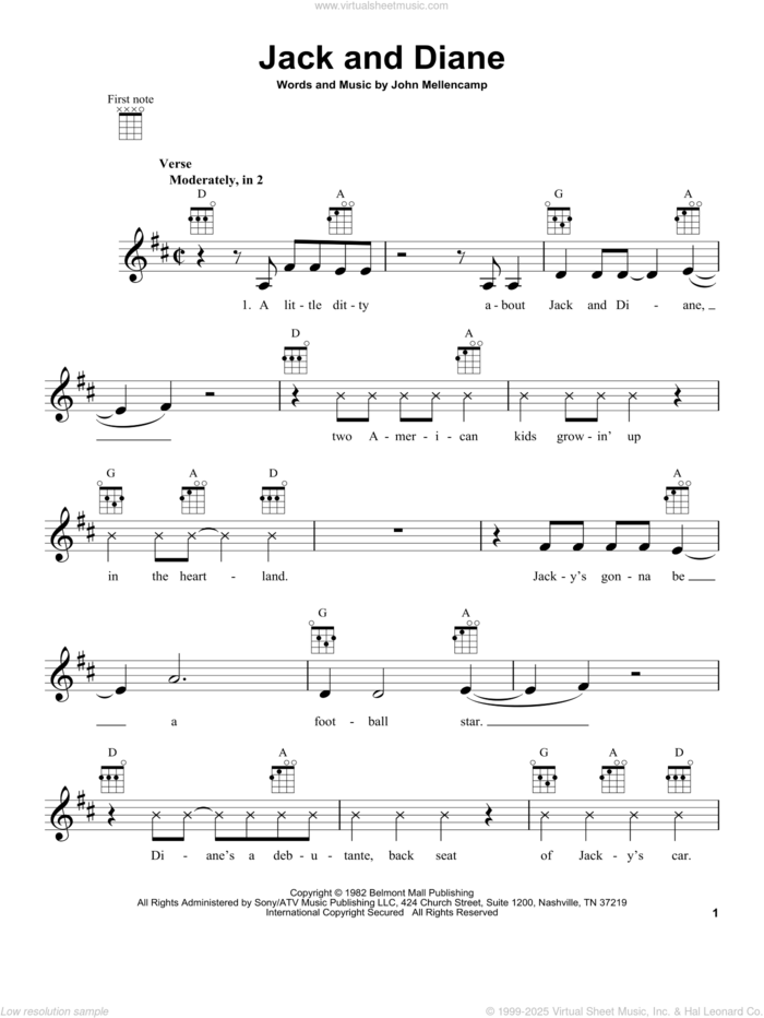 Jack And Diane sheet music for ukulele by John Mellencamp and John 'Cougar' Mellencamp, intermediate skill level