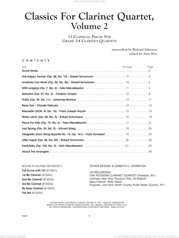 Classics For Clarinet Quartet, Volume 2 - Full Score (with audio) sheet music for clarinet quartet by Richard Johnston and Alan Woy, classical score, intermediate skill level