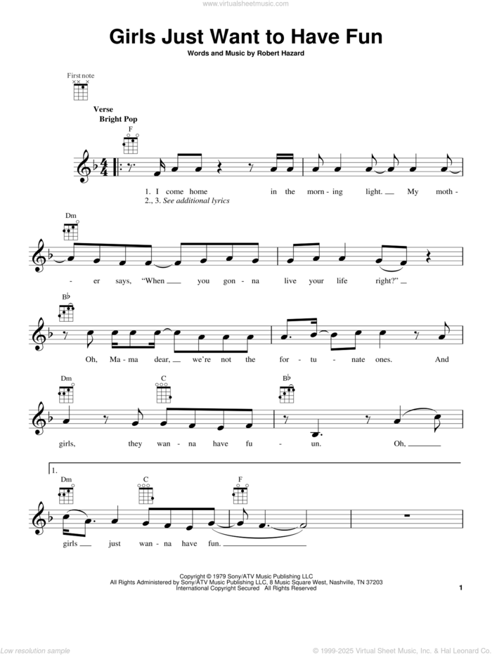 Girls Just Want To Have Fun sheet music for ukulele by Cyndi Lauper, intermediate skill level