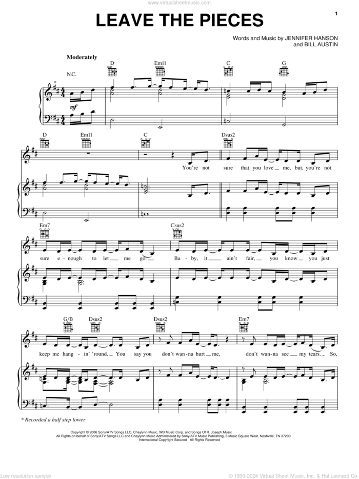 Leave The Pieces sheet music for voice, piano or guitar by The Wreckers, Bill Austin and Jennifer Hanson, intermediate skill level