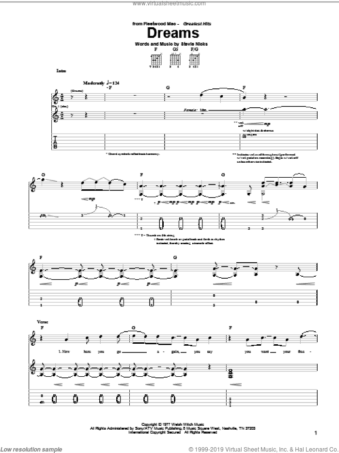 Dreams sheet music for guitar (tablature) by Fleetwood Mac and Stevie Nicks, intermediate skill level