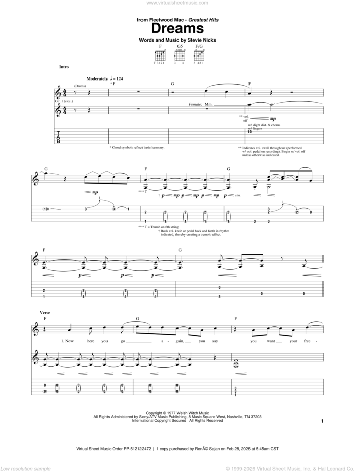Dreams sheet music for guitar (tablature) by Fleetwood Mac and Stevie Nicks, intermediate skill level