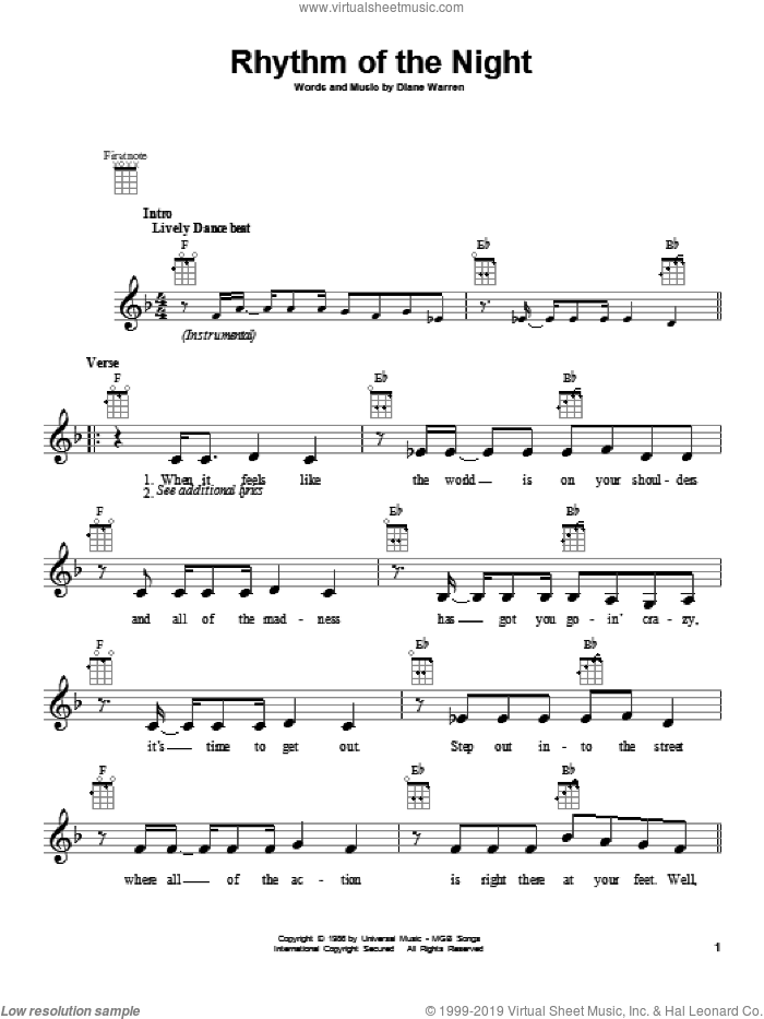 Rhythm Of The Night sheet music for ukulele by DeBarge, intermediate skill level