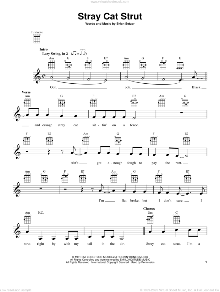 Stray Cat Strut sheet music for ukulele by Stray Cats, intermediate skill level