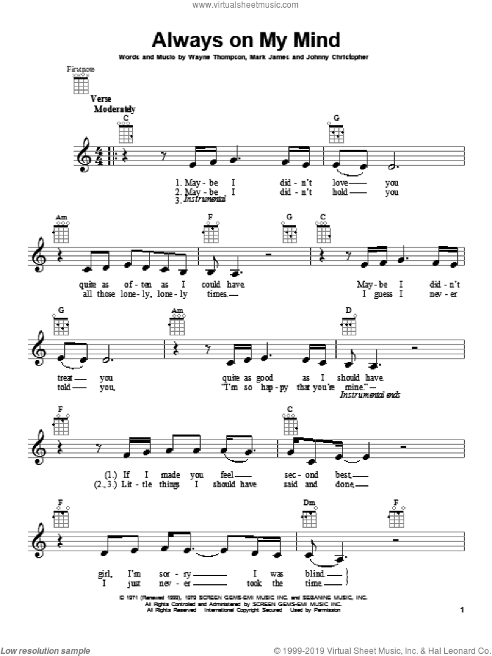 Always On My Mind sheet music for ukulele by Willie Nelson, intermediate skill level