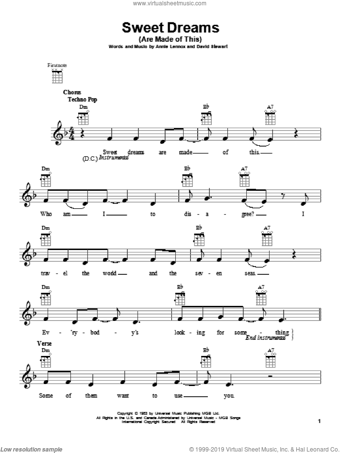 Sweet Dreams (Are Made Of This) sheet music for ukulele by Eurythmics, intermediate skill level