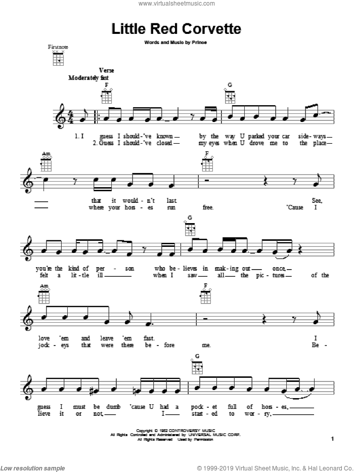 Little Red Corvette sheet music for ukulele by Prince, intermediate skill level