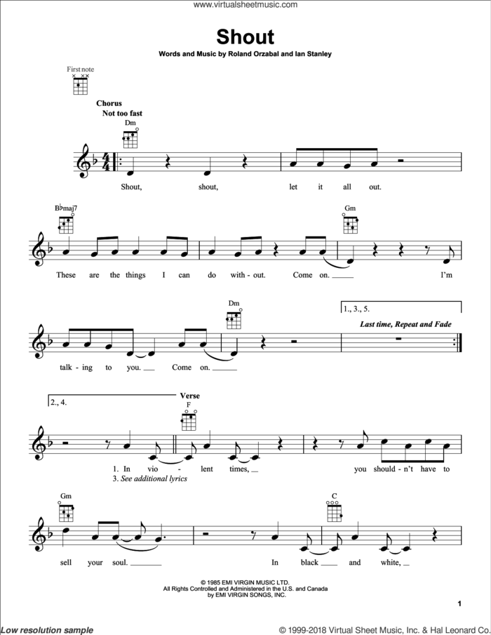 Shout sheet music for ukulele by Tears For Fears, intermediate skill level