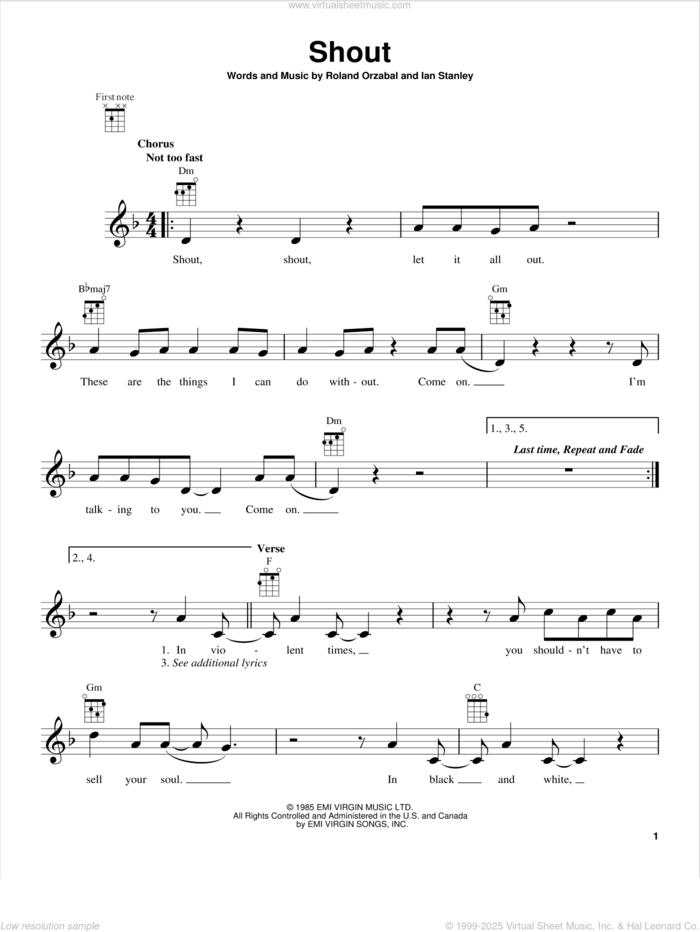 Shout sheet music for ukulele by Tears For Fears, intermediate skill level