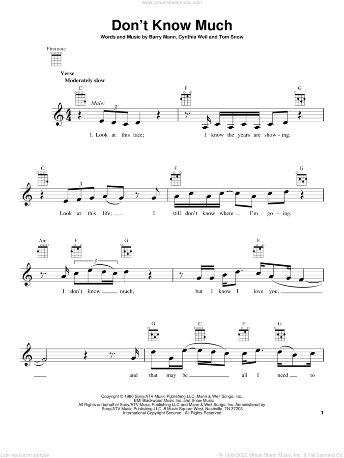 Don't Know Much sheet music for ukulele by Aaron Neville and Linda Ronstadt, wedding score, intermediate skill level