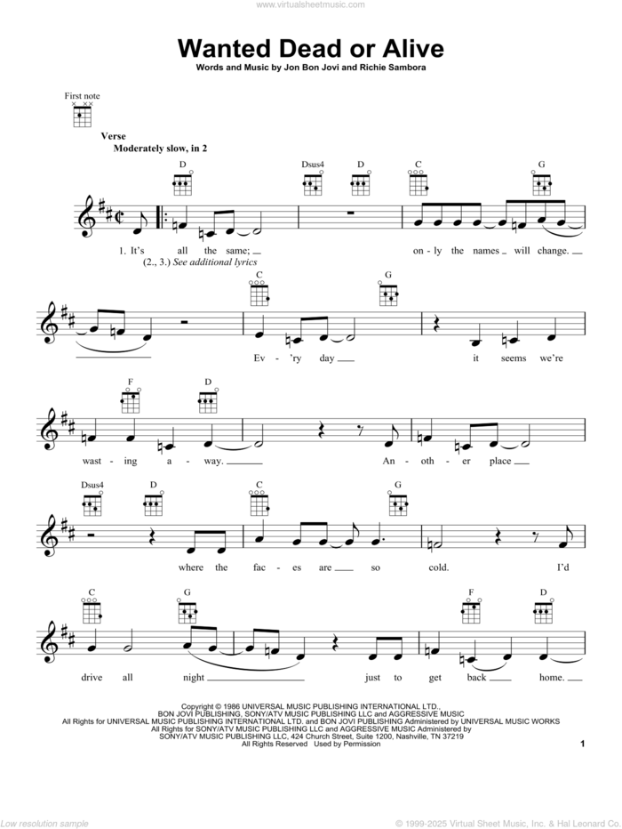 Wanted Dead Or Alive sheet music for ukulele by Bon Jovi, intermediate skill level