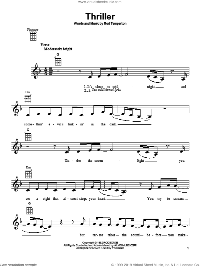 Thriller sheet music for ukulele by Michael Jackson, intermediate skill level
