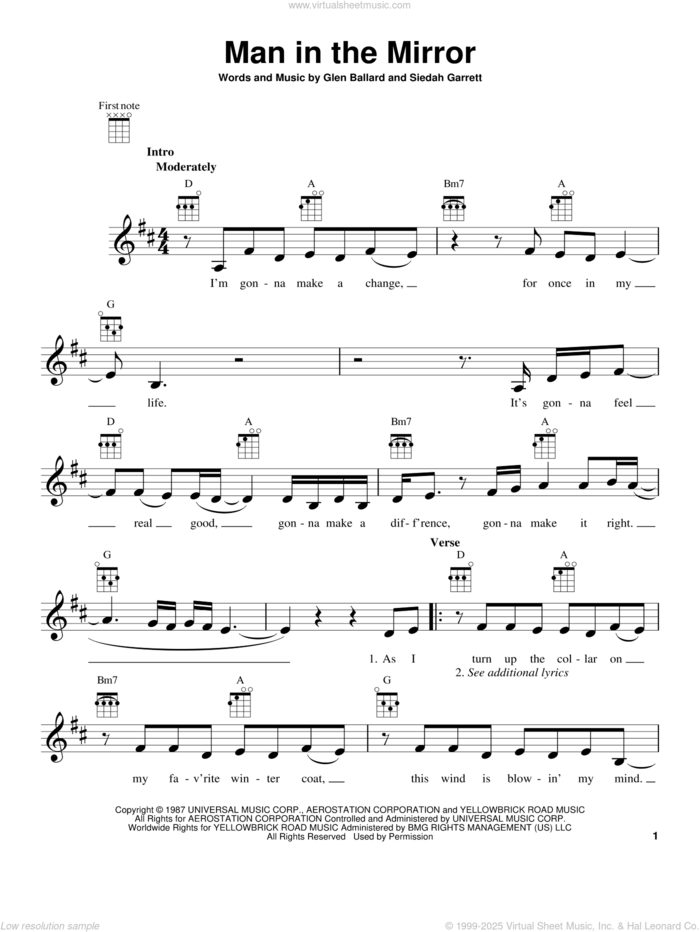 Man In The Mirror sheet music for ukulele by Michael Jackson, intermediate skill level