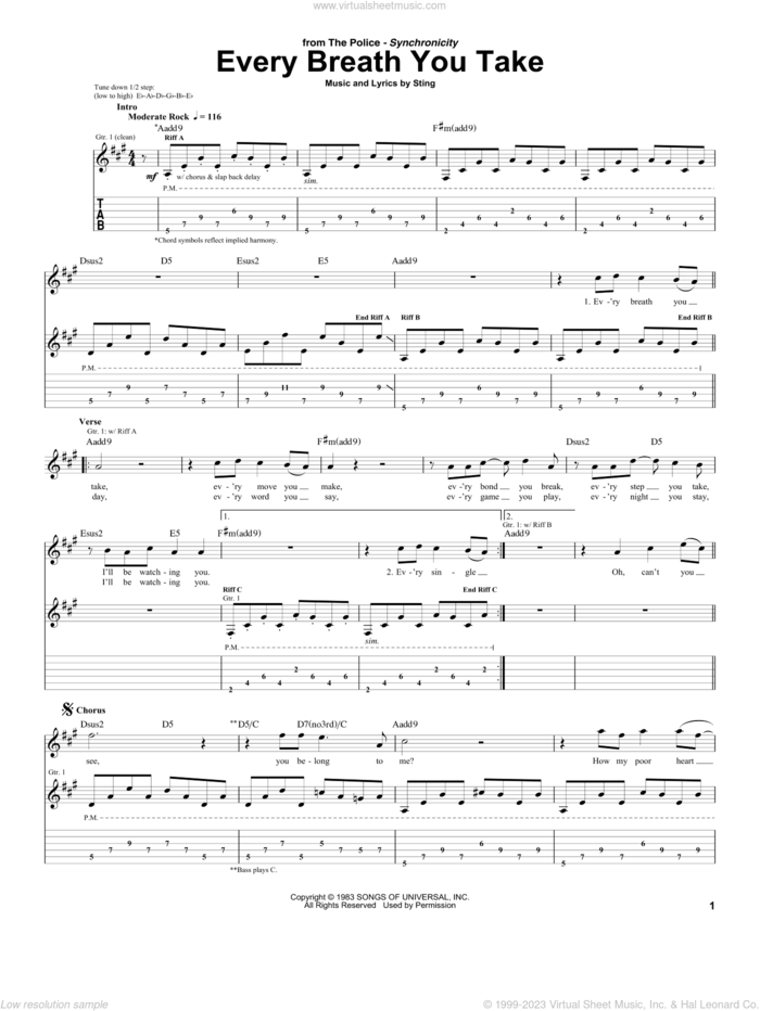 Every Breath You Take sheet music for guitar (tablature) by The Police and Sting, intermediate skill level