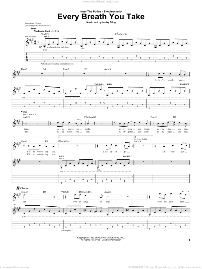 Every Breath You Take sheet music for guitar (tablature) by The Police and Sting, intermediate skill level