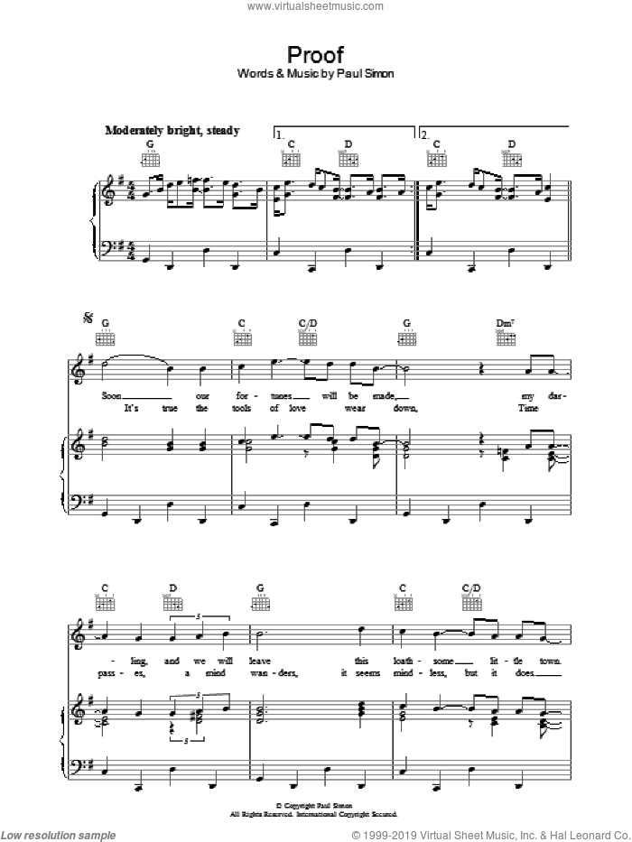 Proof sheet music for voice, piano or guitar by Paul Simon, intermediate skill level