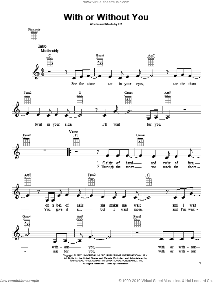 With Or Without You sheet music for ukulele by U2, intermediate skill level