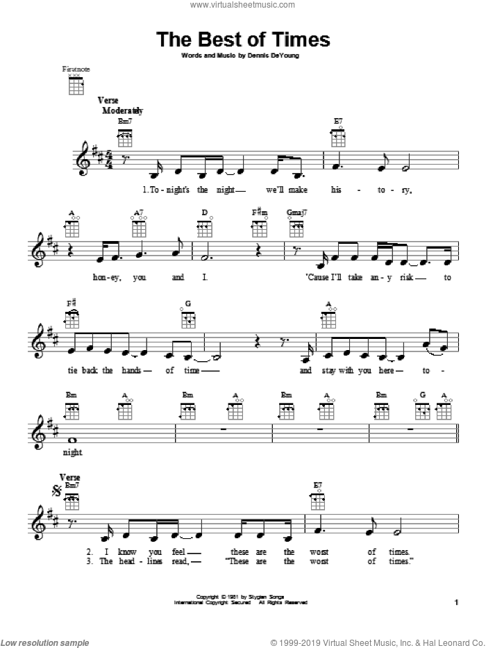 The Best Of Times sheet music for ukulele by Styx, intermediate skill level