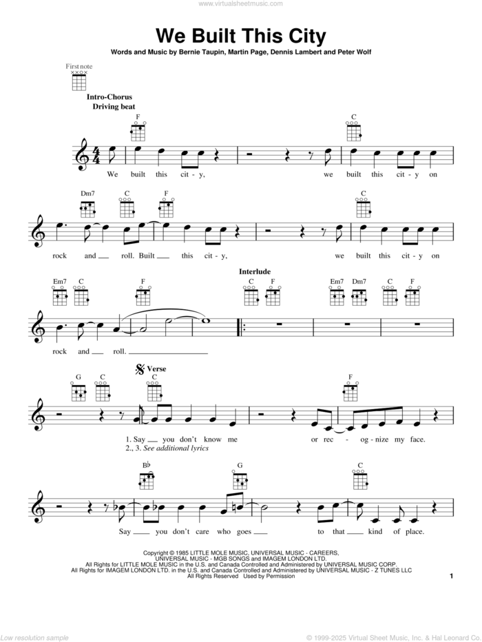 We Built This City sheet music for ukulele by Starship, intermediate skill level