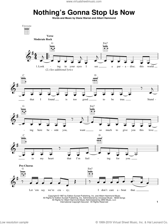 Nothing's Gonna Stop Us Now sheet music for ukulele by Starship, intermediate skill level