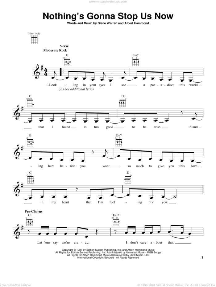 Nothing's Gonna Stop Us Now sheet music for ukulele by Starship, intermediate skill level