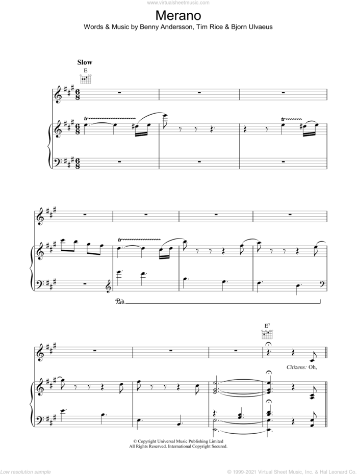 Merano sheet music for voice, piano or guitar by Tim Rice, Chess (Musical), Benny Andersson and Bjorn Ulvaeus, intermediate skill level
