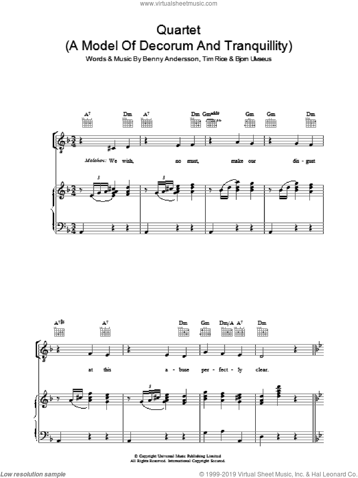 Quartet (A Model Of Decorum And Tranquillity) sheet music for voice, piano or guitar by Tim Rice, Chess (Musical), Benny Andersson and Bjorn Ulvaeus, intermediate skill level