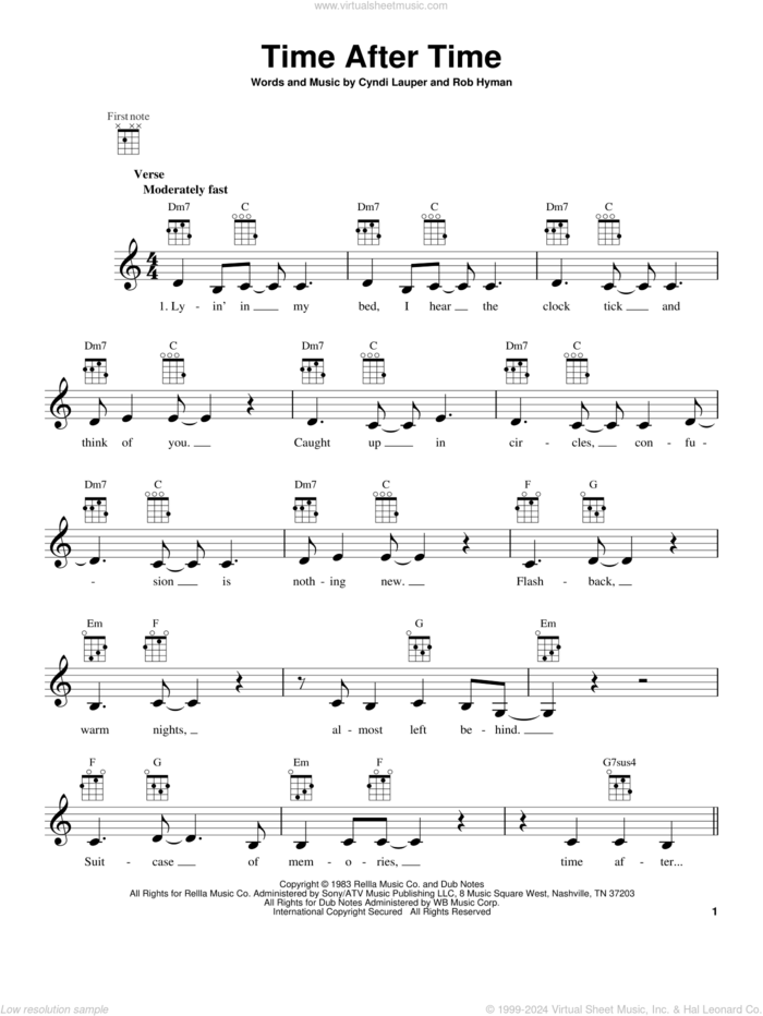 Time After Time sheet music for ukulele by Cyndi Lauper featuring Sarah McLachlan and Cyndi Lauper, intermediate skill level