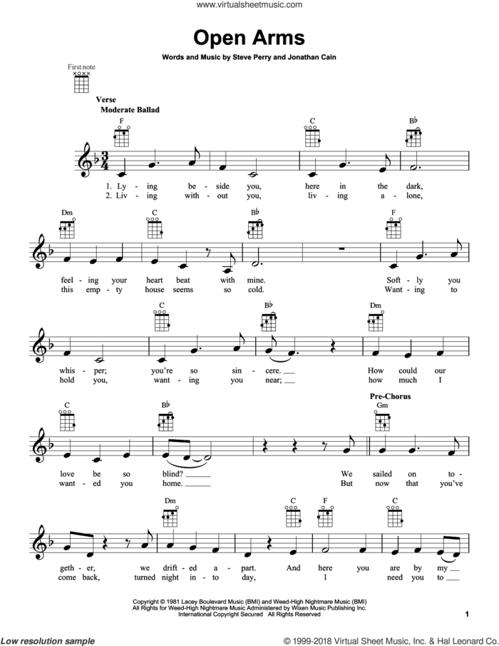 Open Arms sheet music for ukulele by Journey, intermediate skill level