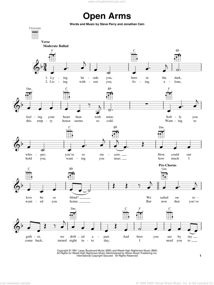 Open Arms sheet music for ukulele by Journey, intermediate skill level