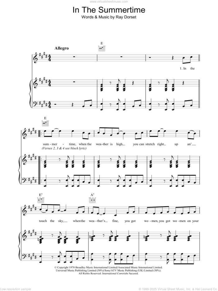 In The Summertime sheet music for voice, piano or guitar by Mungo Jerry and Ray Dorset, intermediate skill level