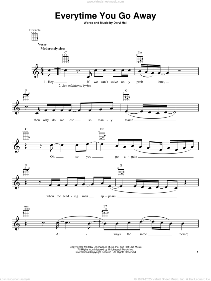 Everytime You Go Away sheet music for ukulele by Paul Young, intermediate skill level