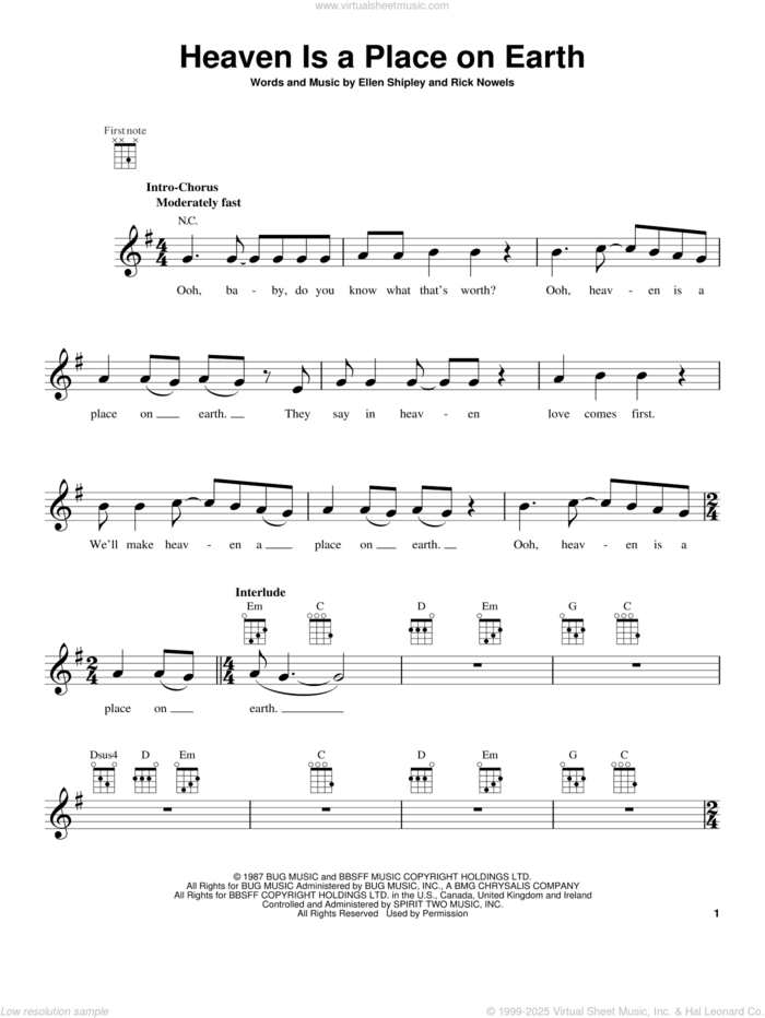 Heaven Is A Place On Earth sheet music for ukulele by Belinda Carlisle, intermediate skill level