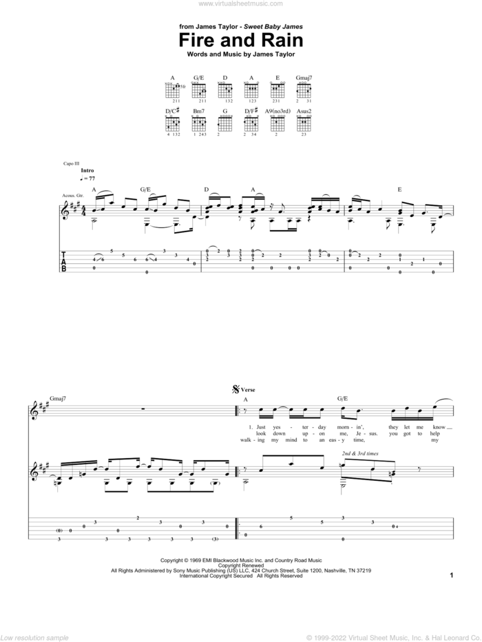 Fire And Rain sheet music for guitar (tablature) by James Taylor, intermediate skill level