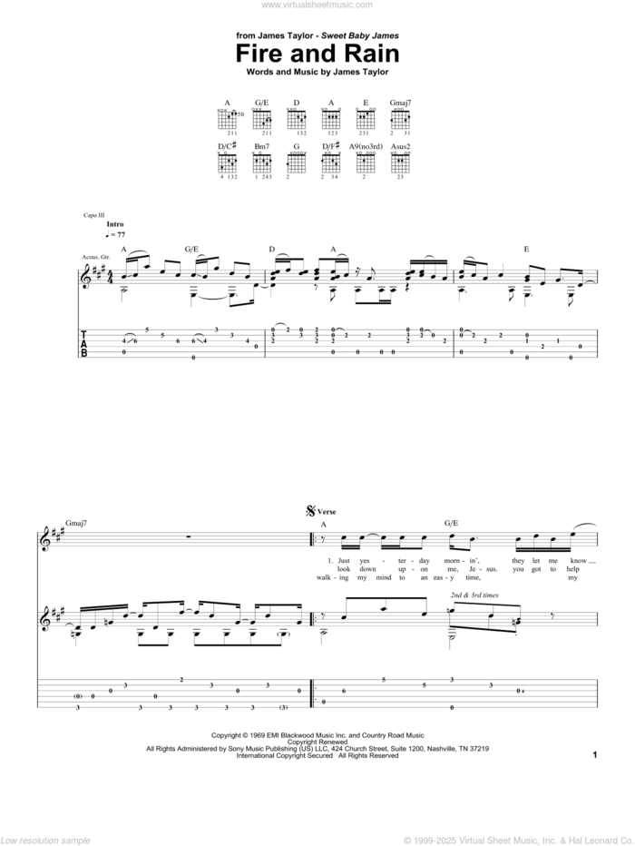 Fire And Rain sheet music for guitar (tablature) by James Taylor, intermediate skill level