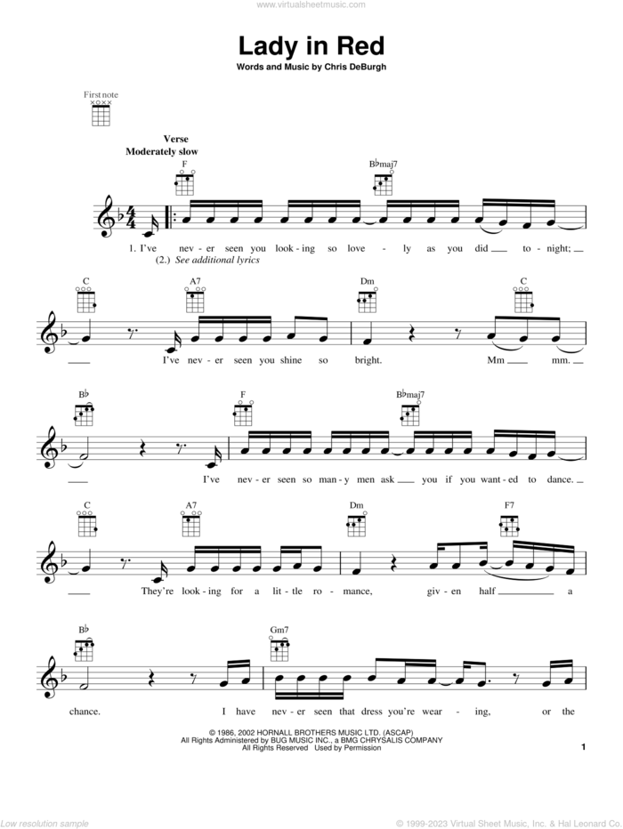 The Lady In Red sheet music for ukulele by Chris de Burgh, intermediate skill level