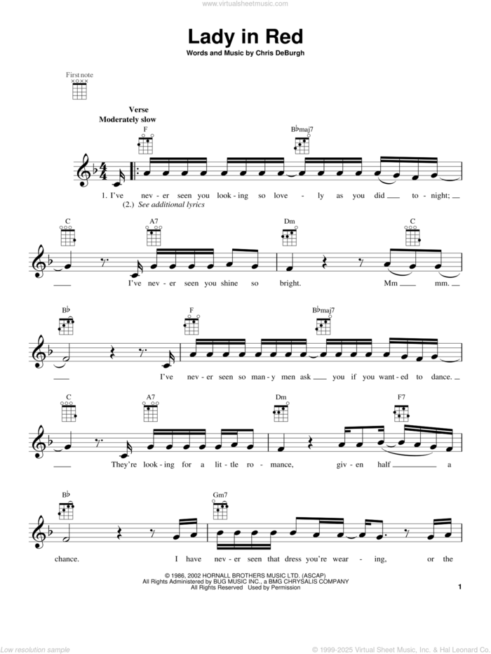 The Lady In Red sheet music for ukulele by Chris de Burgh, intermediate skill level