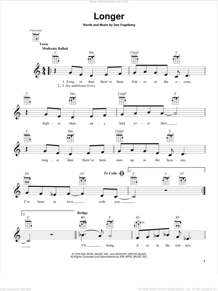 Longer sheet music for ukulele by Dan Fogelberg, intermediate skill level