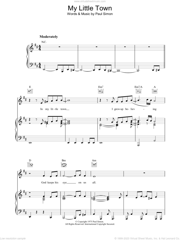 My Little Town sheet music for voice, piano or guitar by Paul Simon and Simon & Garfunkel, intermediate skill level