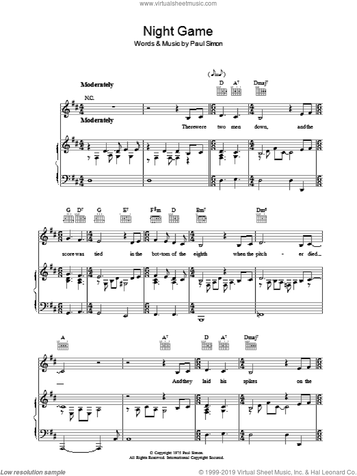Night Game sheet music for voice, piano or guitar by Paul Simon, intermediate skill level