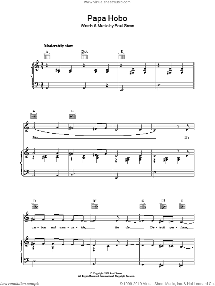 Papa Hobo sheet music for voice, piano or guitar by Paul Simon, intermediate skill level