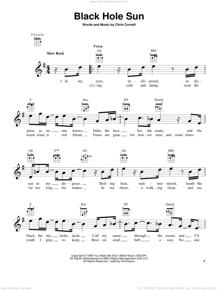 Black Hole Sun sheet music for ukulele by Soundgarden, intermediate skill level