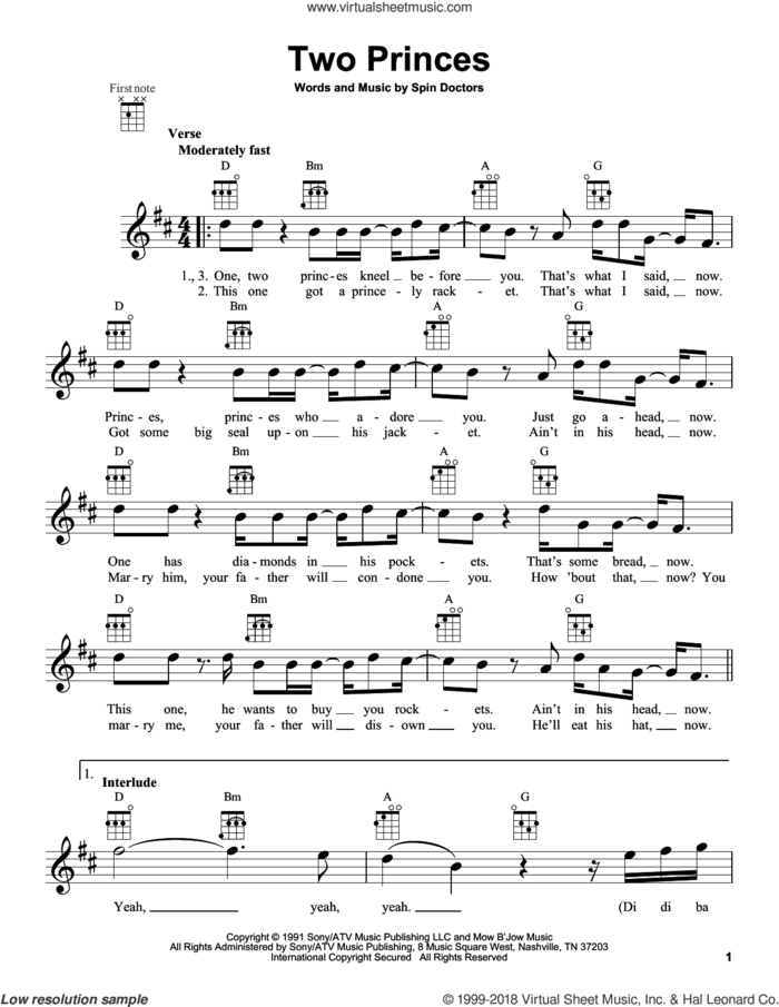 Two Princes sheet music for ukulele by Spin Doctors, intermediate skill level