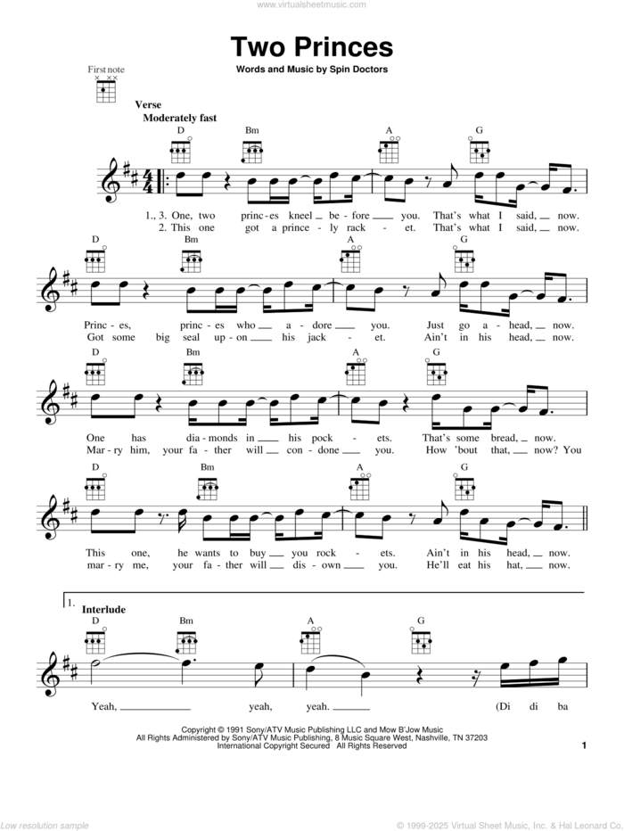 Two Princes sheet music for ukulele by Spin Doctors, intermediate skill level