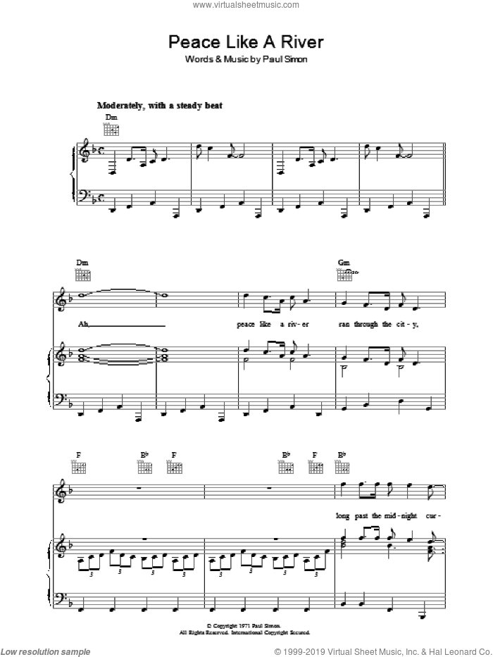 Peace Like A River sheet music for voice, piano or guitar by Paul Simon, intermediate skill level