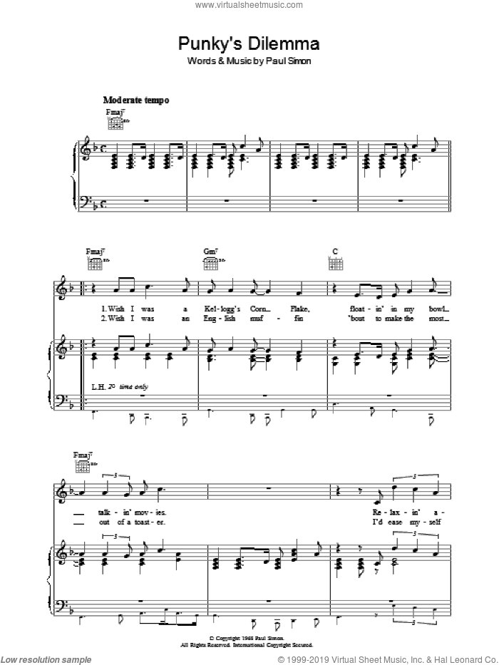 Punky's Dilemma sheet music for voice, piano or guitar by Simon & Garfunkel and Paul Simon, intermediate skill level