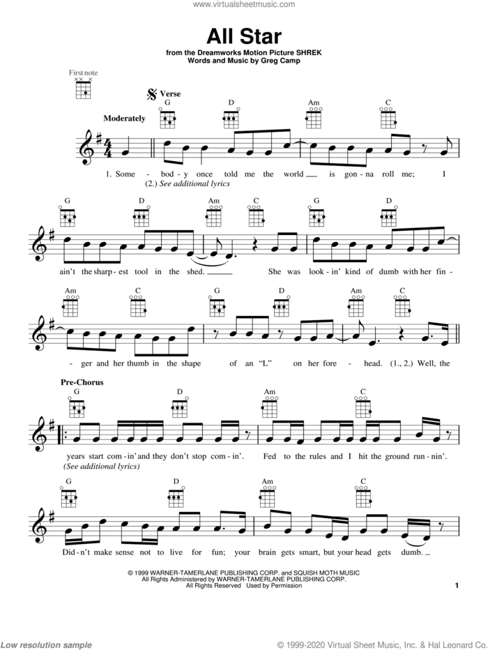 All Star sheet music for ukulele by Smash Mouth, intermediate skill level