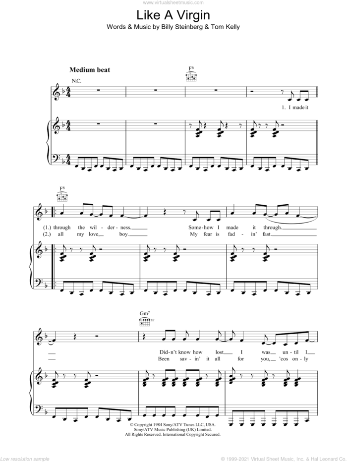 Like A Virgin sheet music for voice, piano or guitar by Madonna, Billy Steinberg and Tom Kelly, intermediate skill level